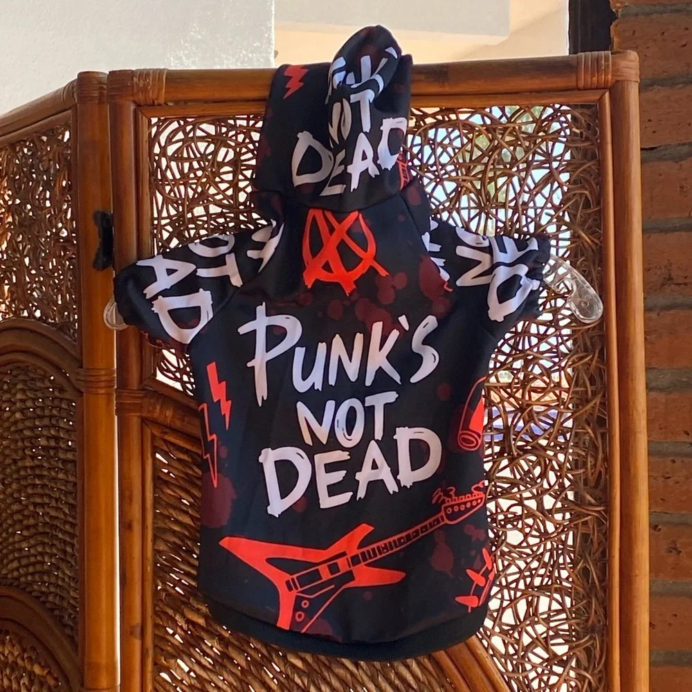 “Punk’s Not Dead” Black Graphic Hoodie White & Red Text Small Dog Halloween